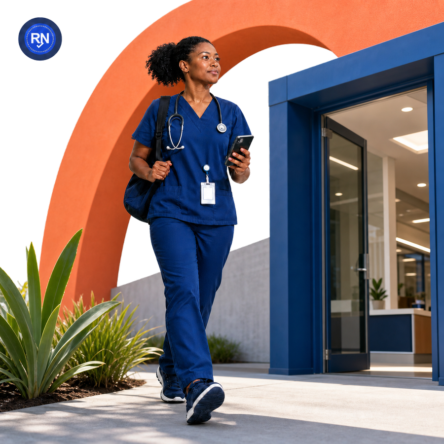 A nurse in navy scrubs walking a hospital hallway while checking her phone — studying on the go